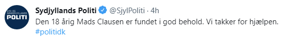 18 årig efterlyses fundet twitter